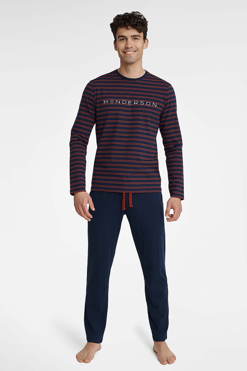Henderson Men’s Luxury Cotton Pajamas Set - Striped Long Sleeve T-Shirt & Elastic Waist Pants