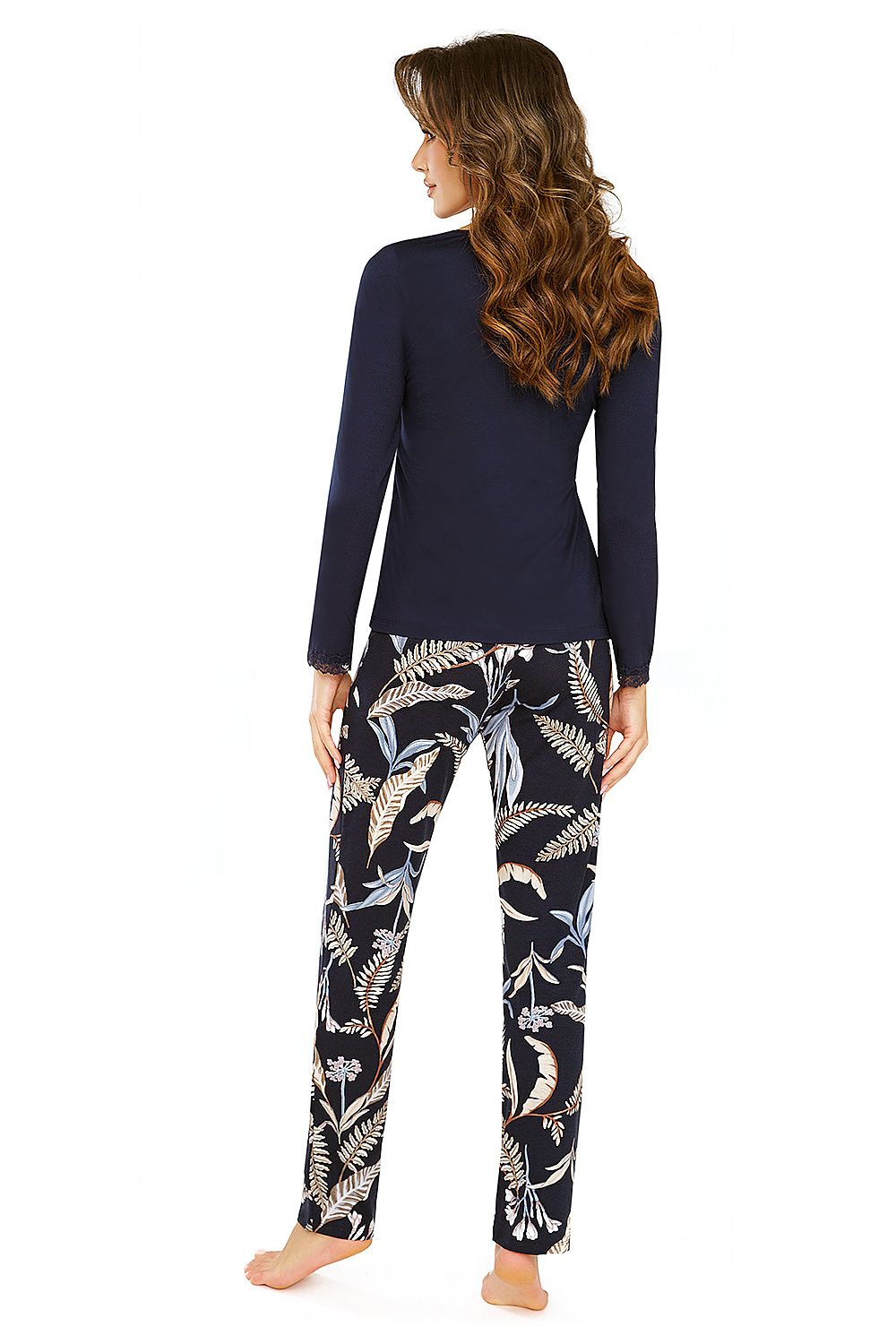 Luxury Helen Pajamas for Women - Navy Blue Blouse with Floral Print Pants, Made in Poland