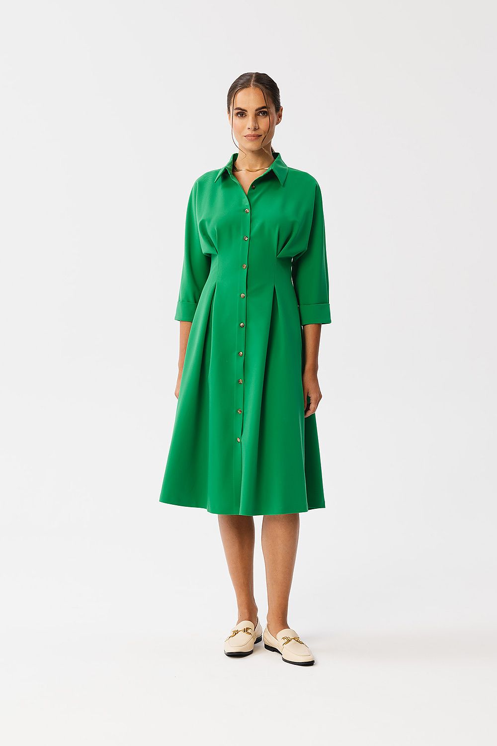 Stylove Elegant Daydress with Collar, Button Closure, 3/4 Sleeves, and Waist Pleats