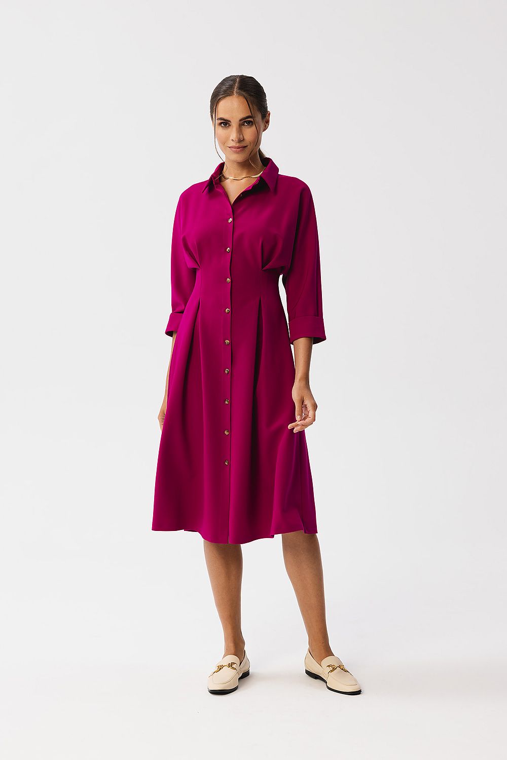 Stylove Elegant Daydress with Collar, Button Closure, 3/4 Sleeves, and Waist Pleats
