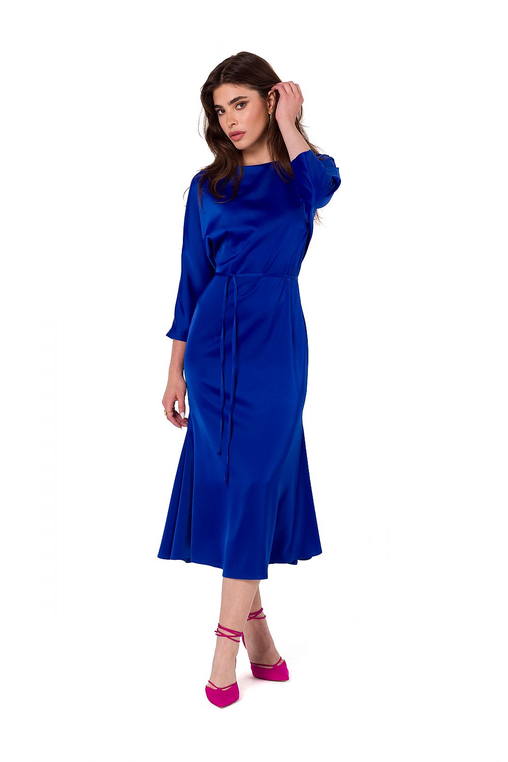 Elegant Satin Midi Dress With Kimono Sleeves And Waist Belt - Handmade In Poland