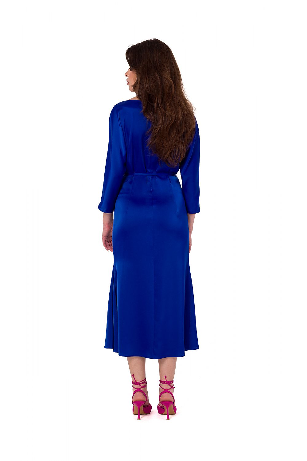 Elegant Satin Midi Dress With Kimono Sleeves And Waist Belt - Handmade In Poland