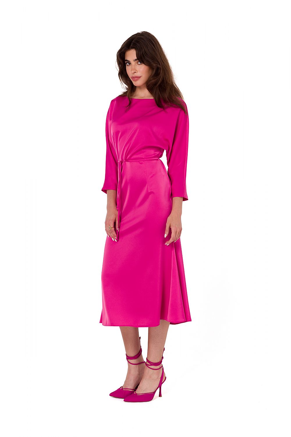 Elegant Satin Midi Dress With Kimono Sleeves And Waist Belt - Handmade In Poland