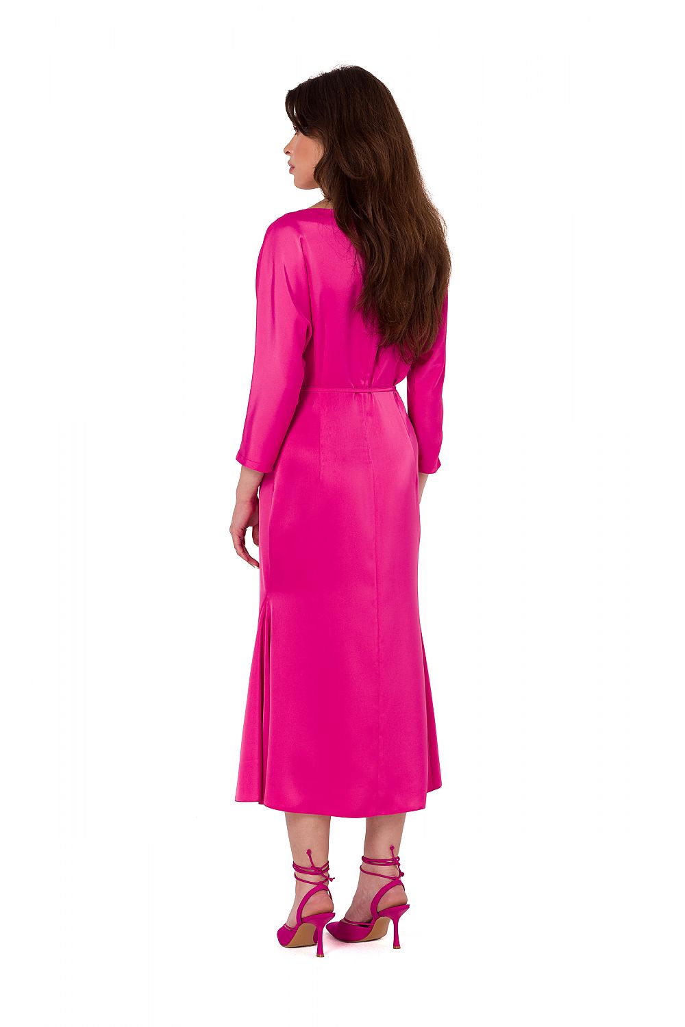 Elegant Satin Midi Dress With Kimono Sleeves And Waist Belt - Handmade In Poland