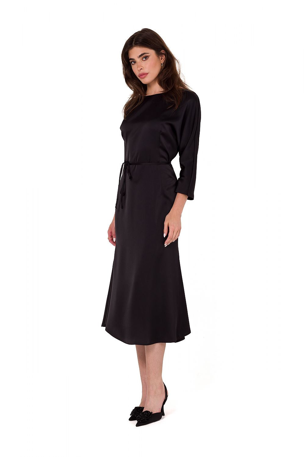 Elegant Satin Midi Dress With Kimono Sleeves And Waist Belt - Handmade In Poland