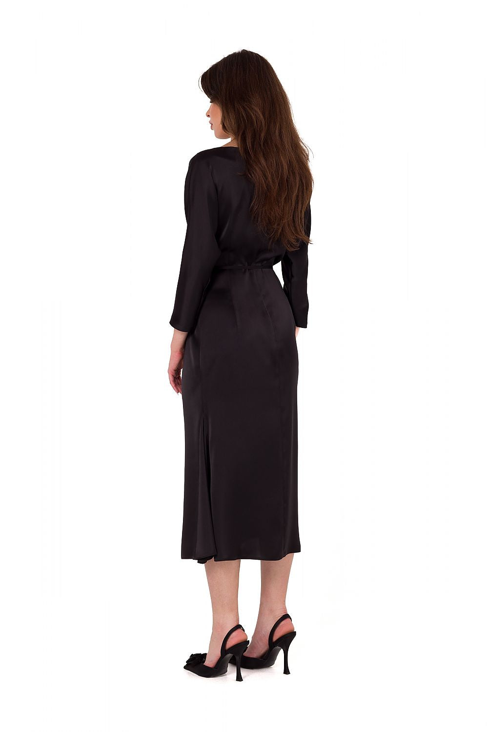 Elegant Satin Midi Dress With Kimono Sleeves And Waist Belt - Handmade In Poland