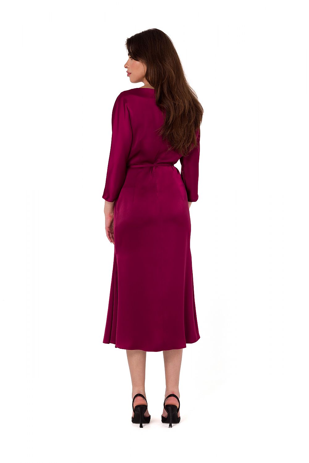 Elegant Satin Midi Dress With Kimono Sleeves And Waist Belt - Handmade In Poland