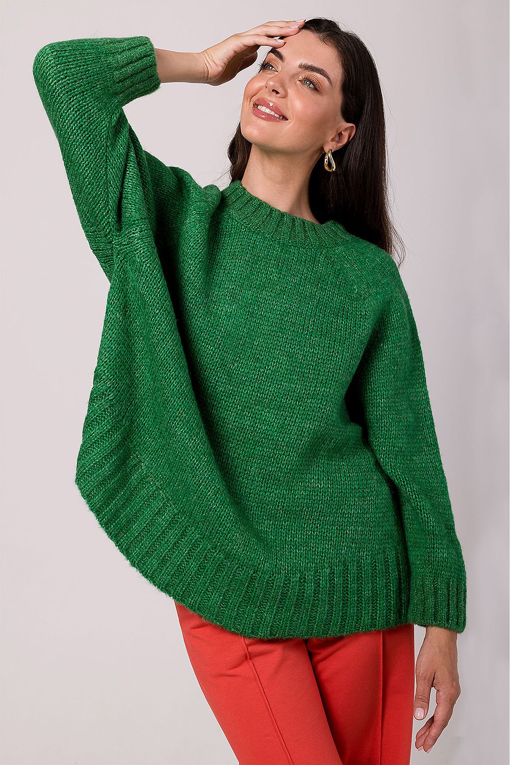 Women's Oversized Knit Jumper With Batwing Sleeves in Soft Ribbed Yarn - Made in Poland