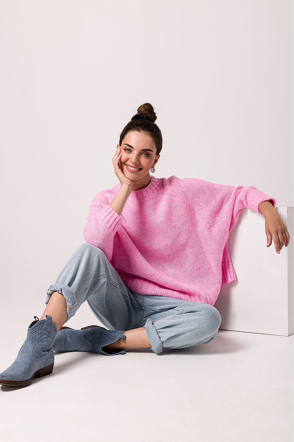 Women's Oversized Knit Jumper With Batwing Sleeves in Soft Ribbed Yarn - Made in Poland
