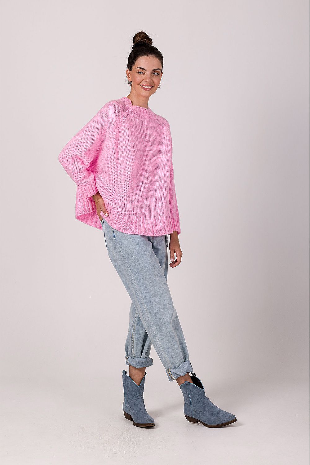 Women's Oversized Knit Jumper With Batwing Sleeves in Soft Ribbed Yarn - Made in Poland