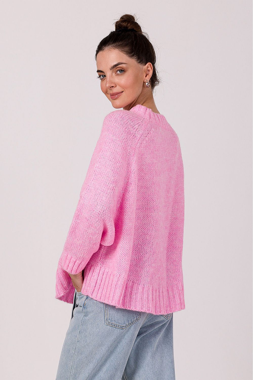 Women's Oversized Knit Jumper With Batwing Sleeves in Soft Ribbed Yarn - Made in Poland