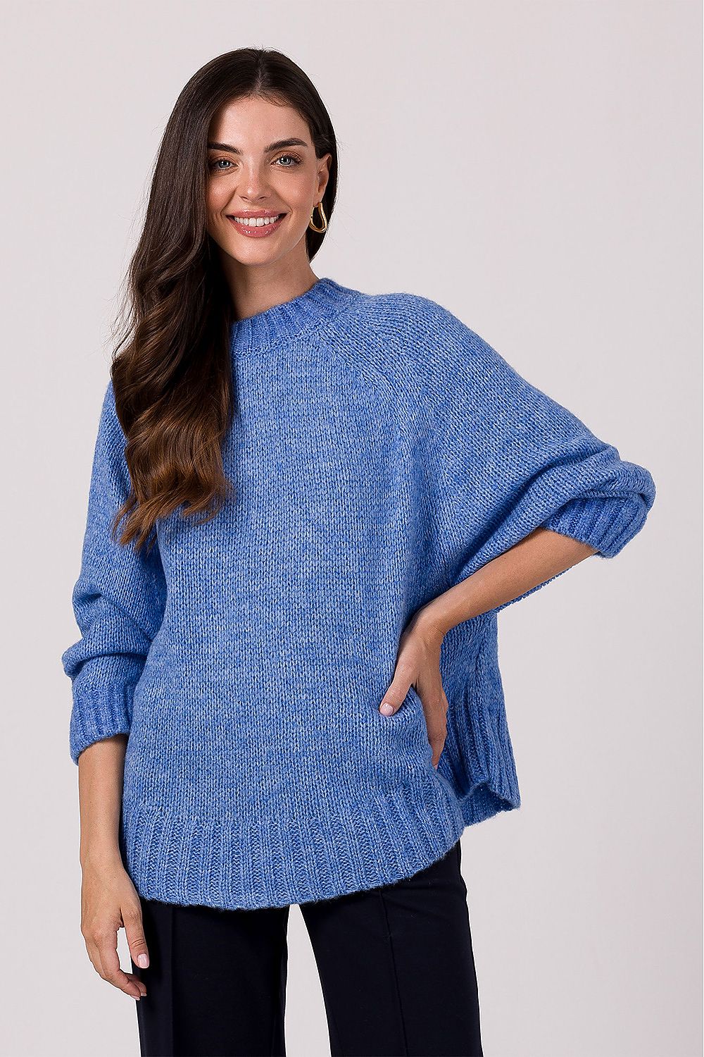 Women's Oversized Knit Jumper With Batwing Sleeves in Soft Ribbed Yarn - Made in Poland