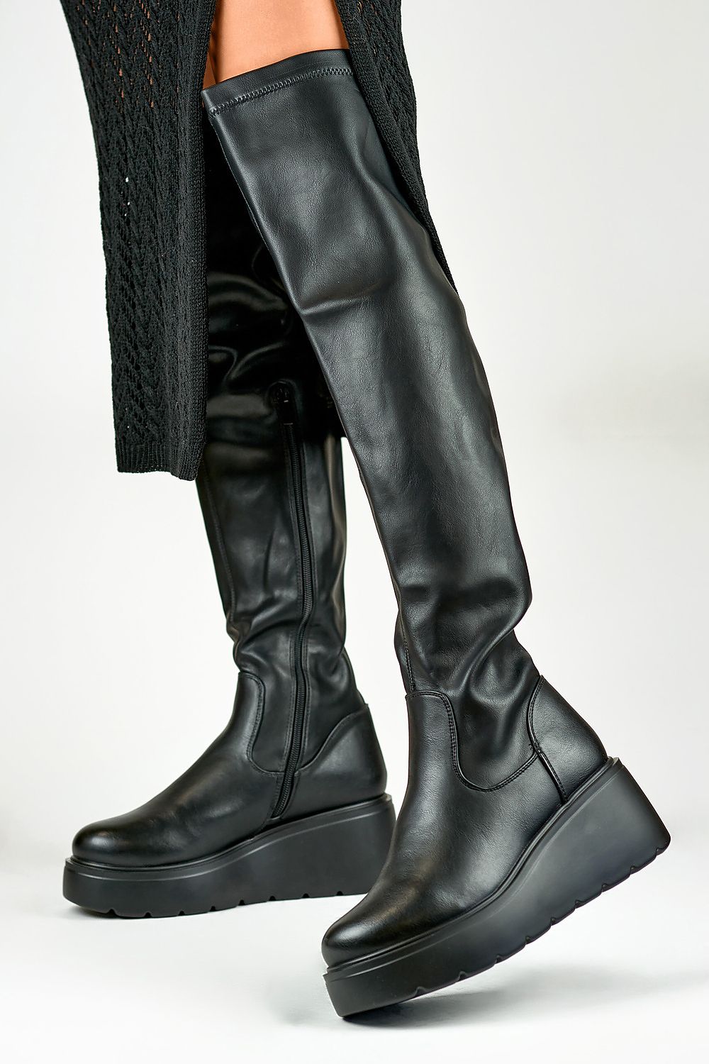 PRIMO Eco Leather Long Buskin Boots with Fur Insulation and Anchor Heel - Elegant Winter Style