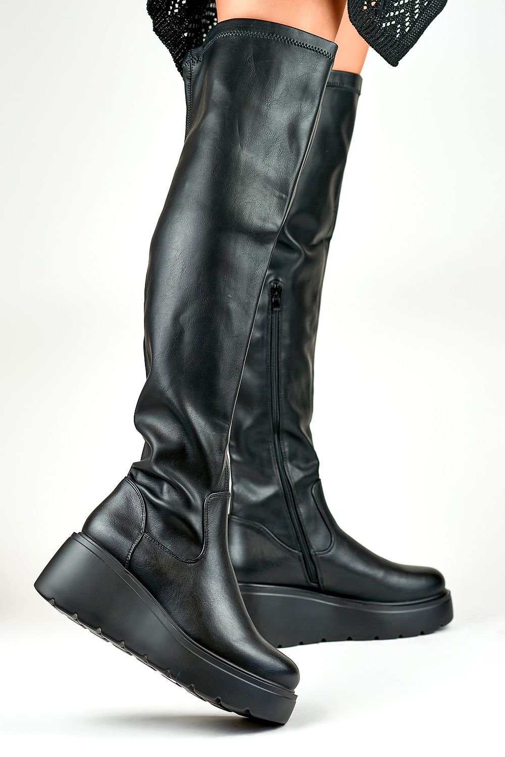 PRIMO Eco Leather Long Buskin Boots with Fur Insulation and Anchor Heel - Elegant Winter Style