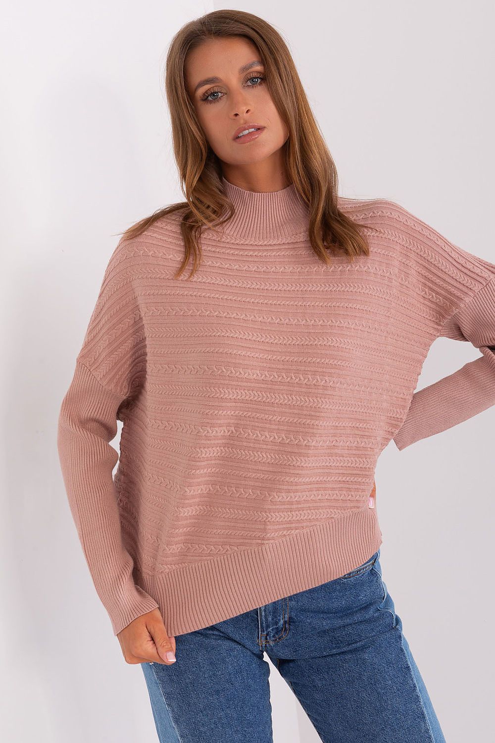 Luxurious Women's Variegated Knit Sweater with Low Turtleneck and Long Sleeves - Casual Style