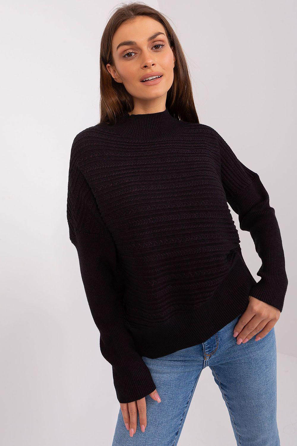 Luxurious Women's Variegated Knit Sweater with Low Turtleneck and Long Sleeves - Casual Style