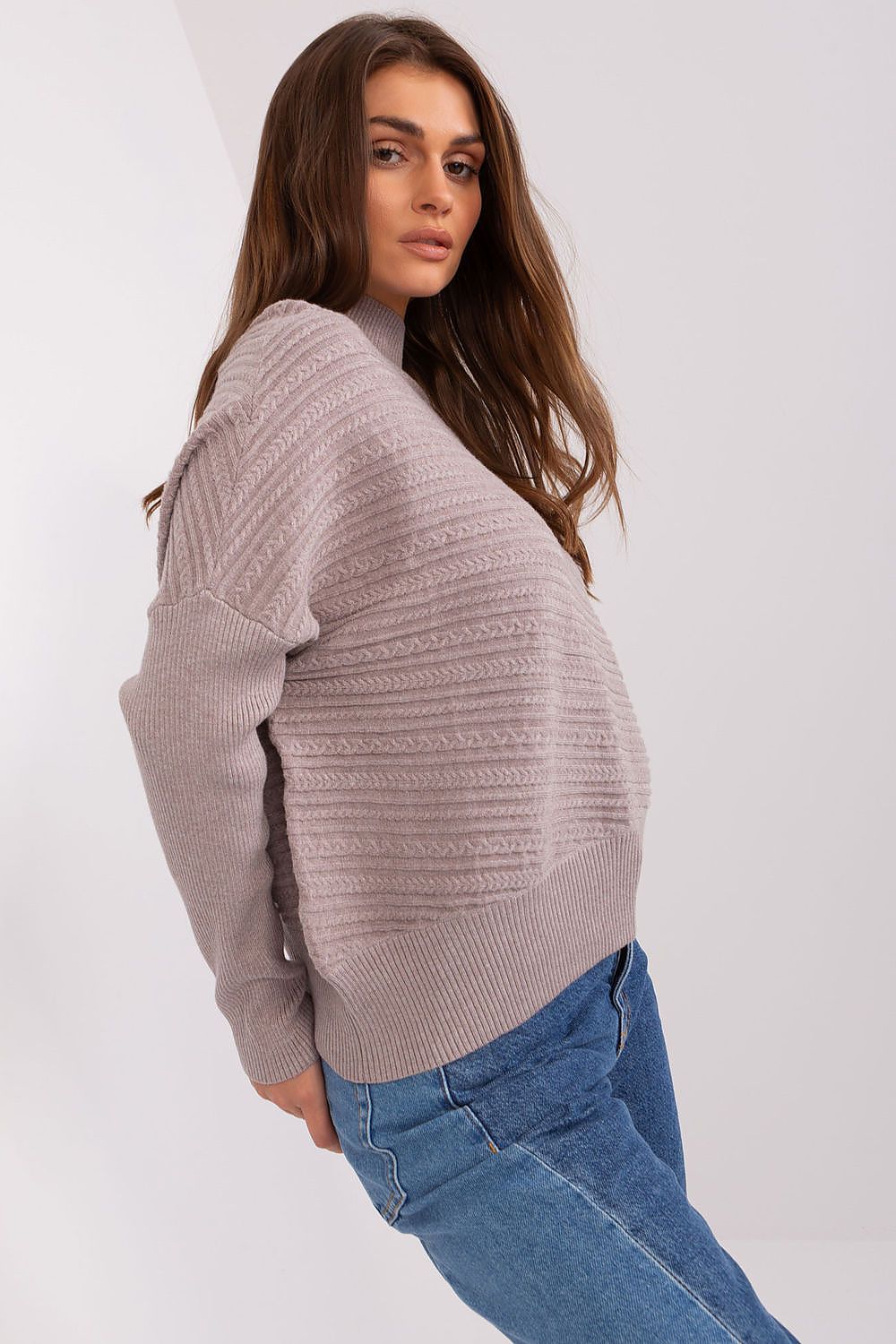 Luxurious Women's Variegated Knit Sweater with Low Turtleneck and Long Sleeves - Casual Style
