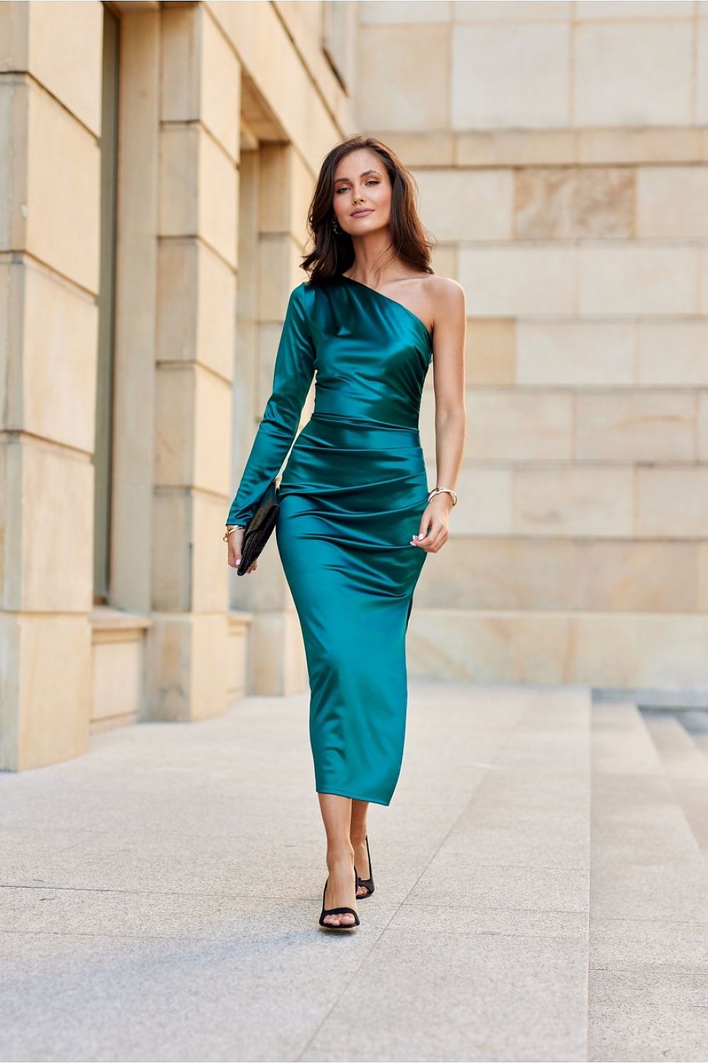 Roco Fashion Satin Midi Dress with One Long Sleeve and Slit - Elegant Evening Wear