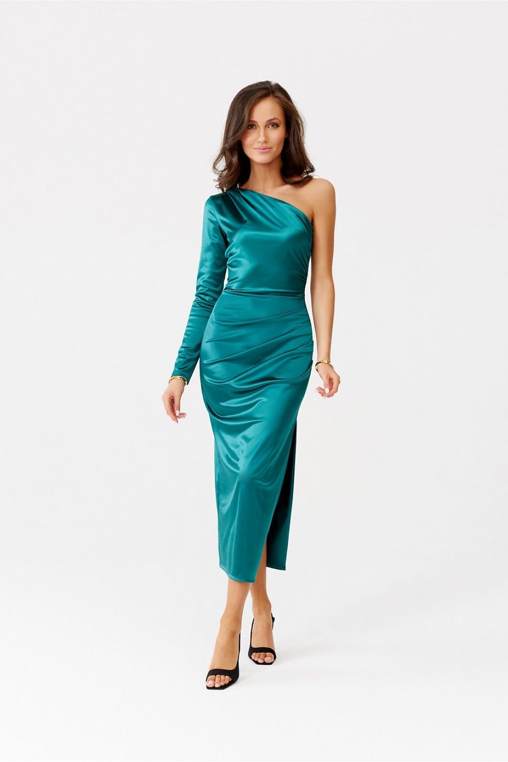 Roco Fashion Satin Midi Dress with One Long Sleeve and Slit - Elegant Evening Wear