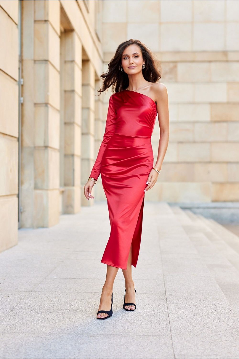 Roco Fashion Satin Midi Dress with One Long Sleeve and Slit - Elegant Evening Wear
