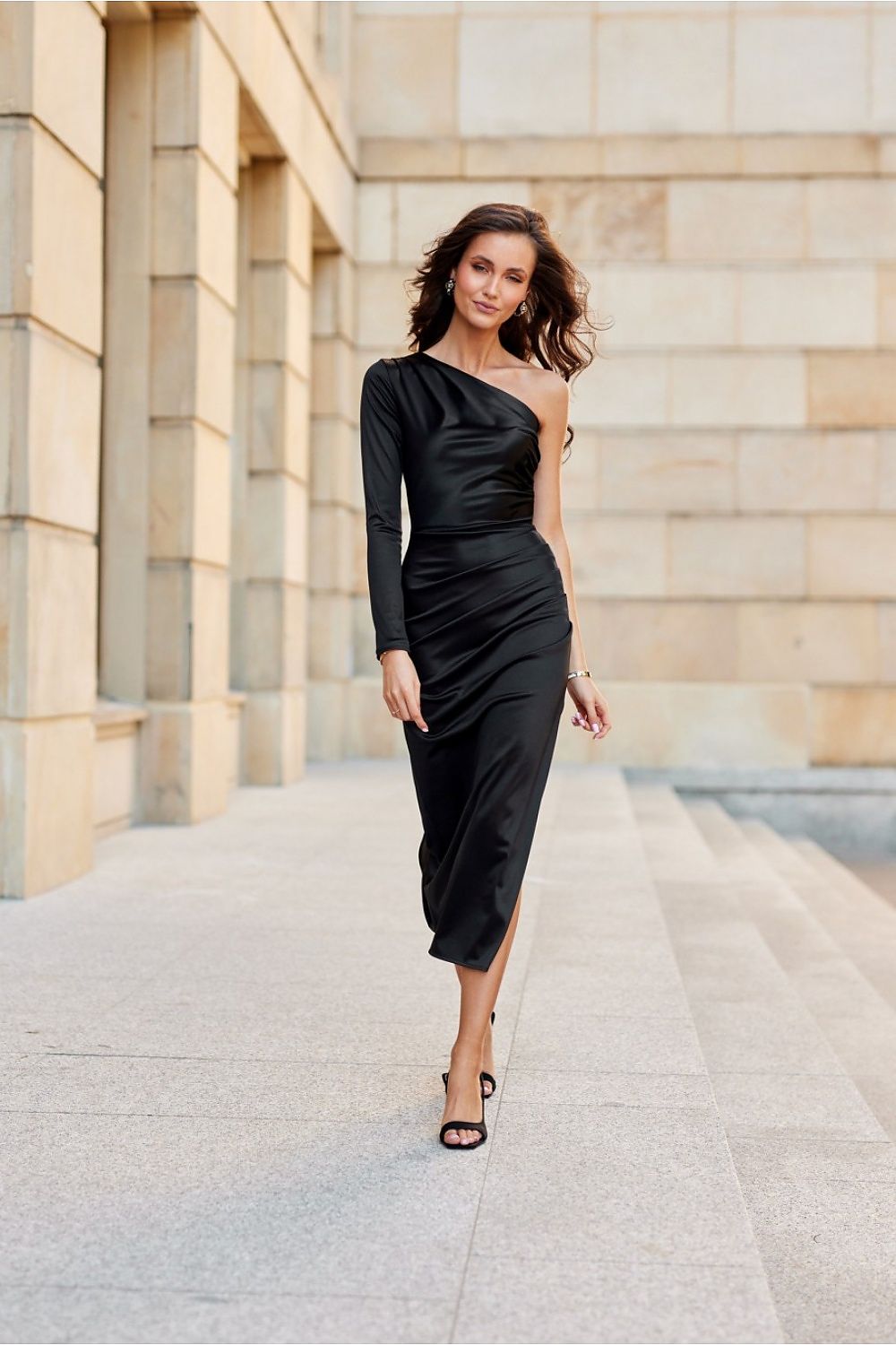 Roco Fashion Satin Midi Dress with One Long Sleeve and Slit - Elegant Evening Wear