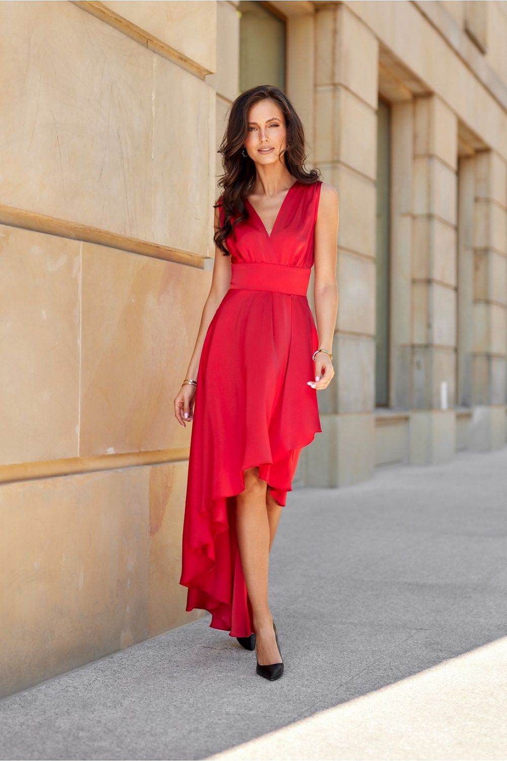 Elegant Asymmetrical Satin Maxi Dress with Envelope Neckline by Roco Fashion