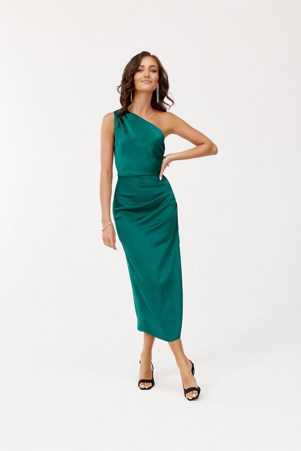 Elegant One-Shoulder Midi Dress with Satin Fabric and Subtle Slit by Roco Fashion