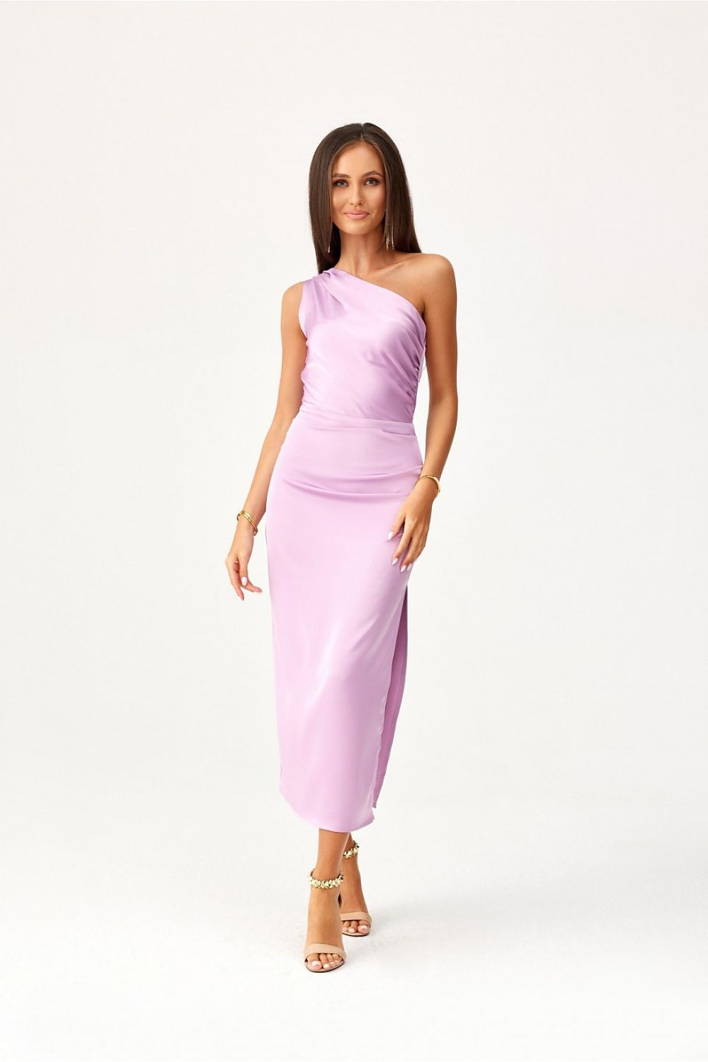 Elegant One-Shoulder Midi Dress with Satin Fabric and Subtle Slit by Roco Fashion
