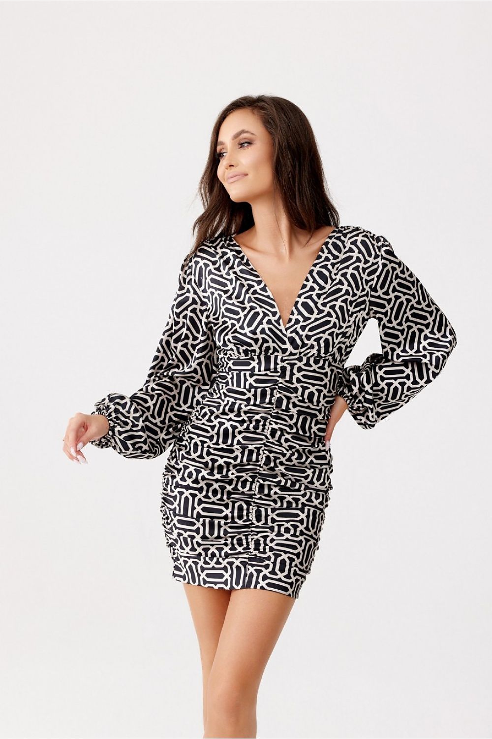 Stylish Fitted V-Neck Evening Dress With Buffet Sleeves By Roco Fashion - Unique Print, Made In Poland