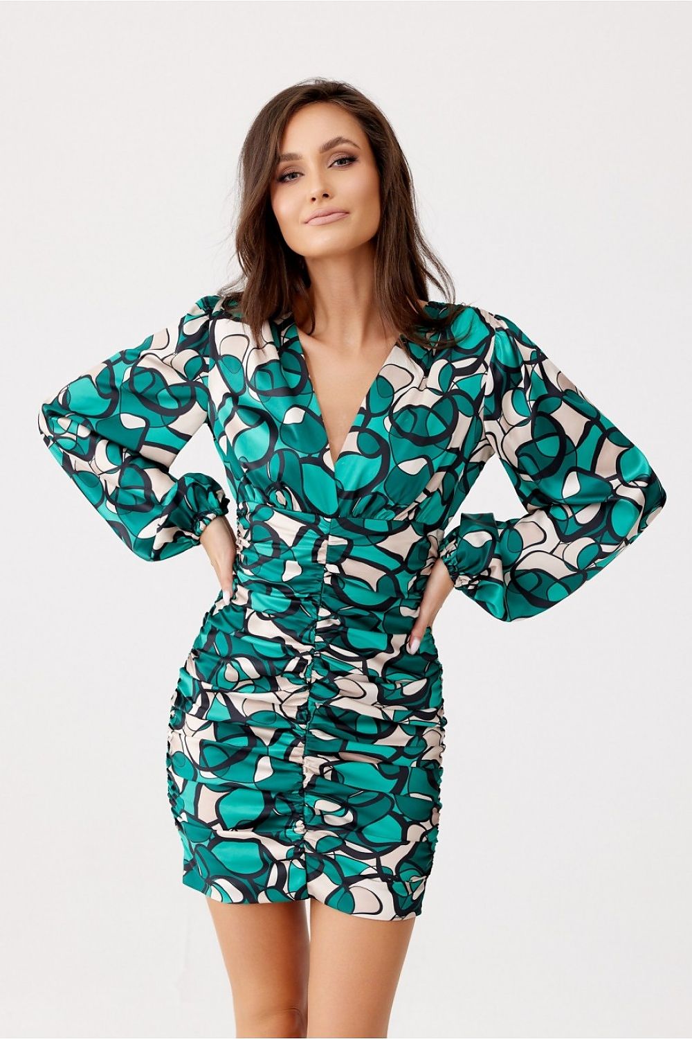 Stylish Fitted V-Neck Evening Dress With Buffet Sleeves By Roco Fashion - Unique Print, Made In Poland