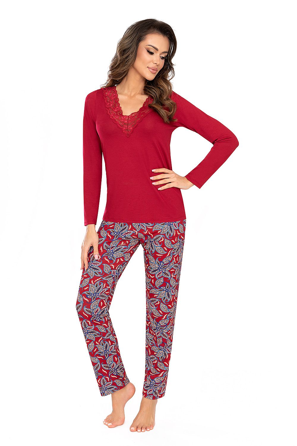 RITA LONG Women's Burgundy Viscose Pajamas Set with Lace Trim and Floral Design