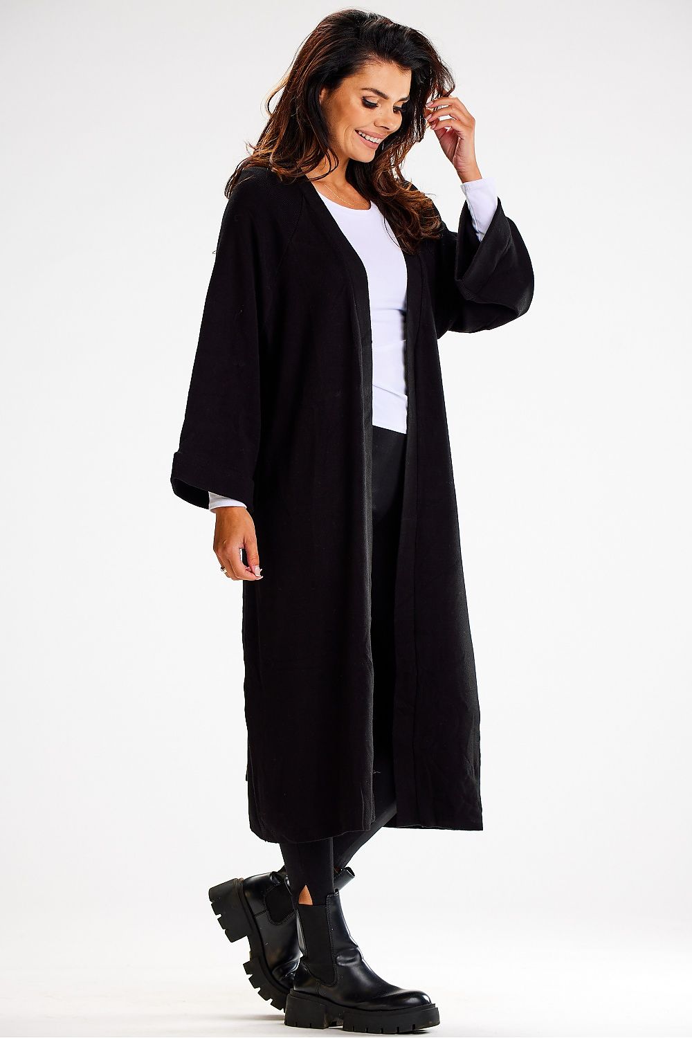 Luxurious Long Cardigan With Tie Belt And Wide Sleeves – Soft Nylon, PBT, And Viscose Blend