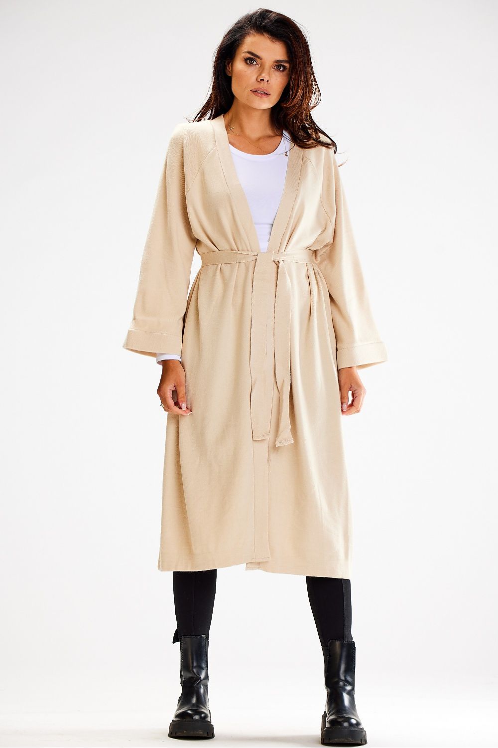 Luxurious Long Cardigan With Tie Belt And Wide Sleeves – Soft Nylon, PBT, And Viscose Blend