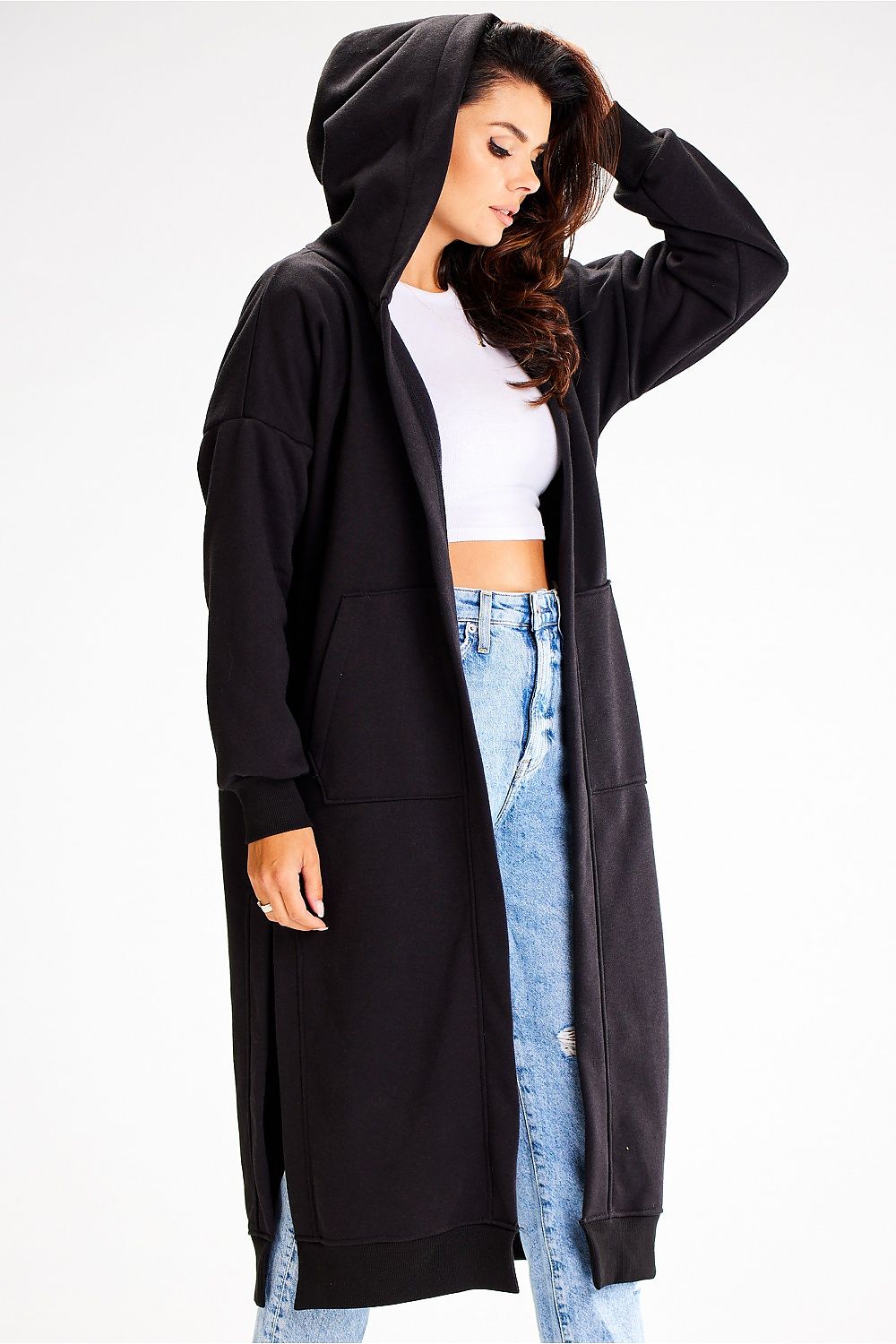 Luxurious Awama Long Loose-Fitting Sweatshirt with Hood, Pockets and Side Slits - Perfect Comfort Wear