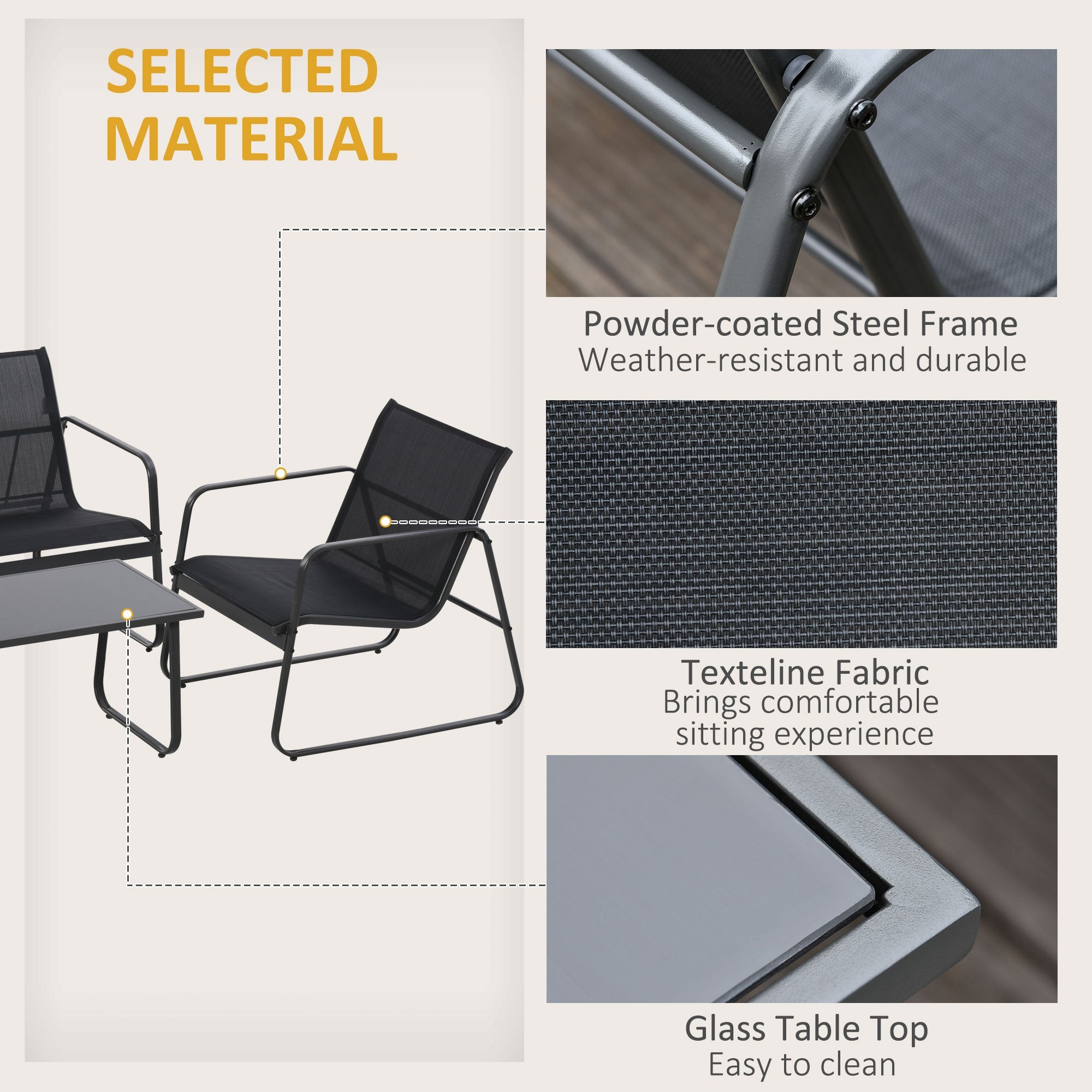 Outsunny 4 Piece Garden Furniture Set Patio Sofa Set w/ Chairs, Glass Top Table