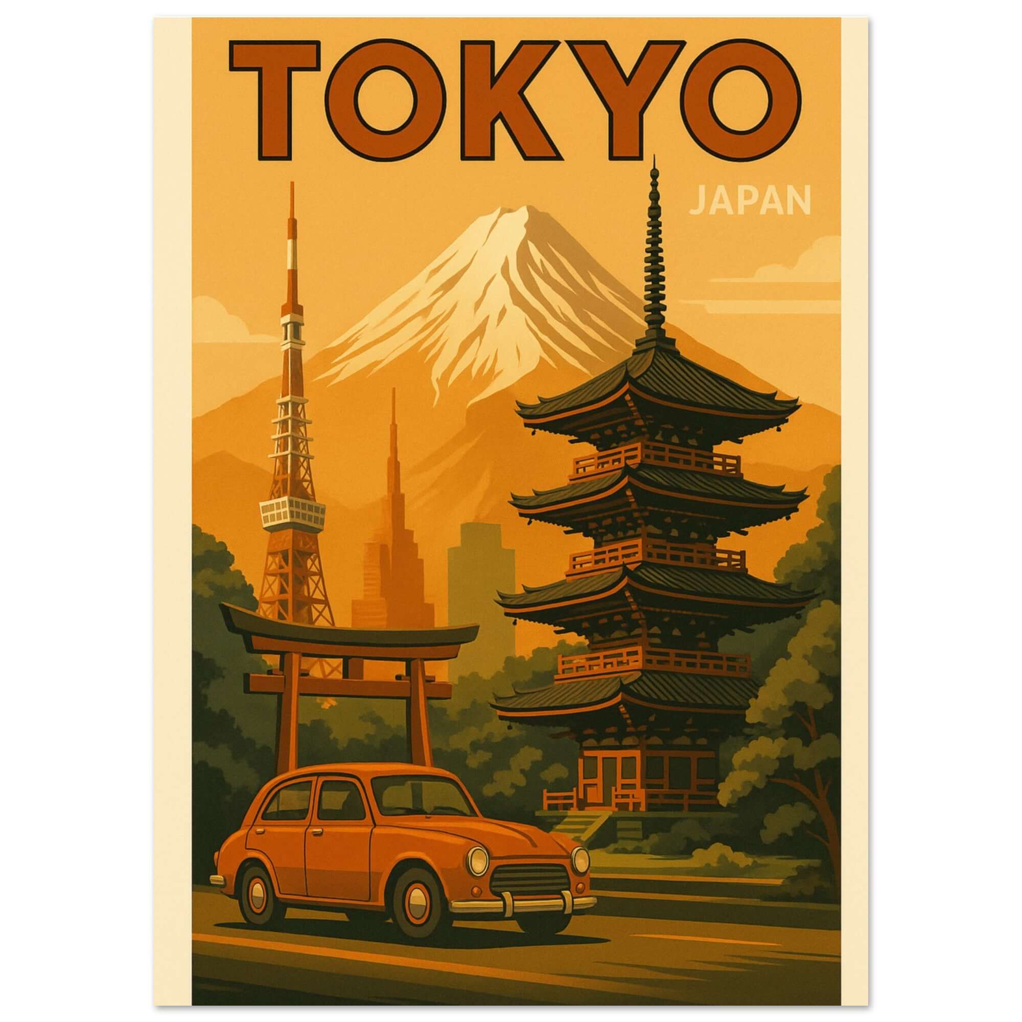 Vintage Tokyo Travel Poster – Retro Japan Wall Art with Mount Fuji