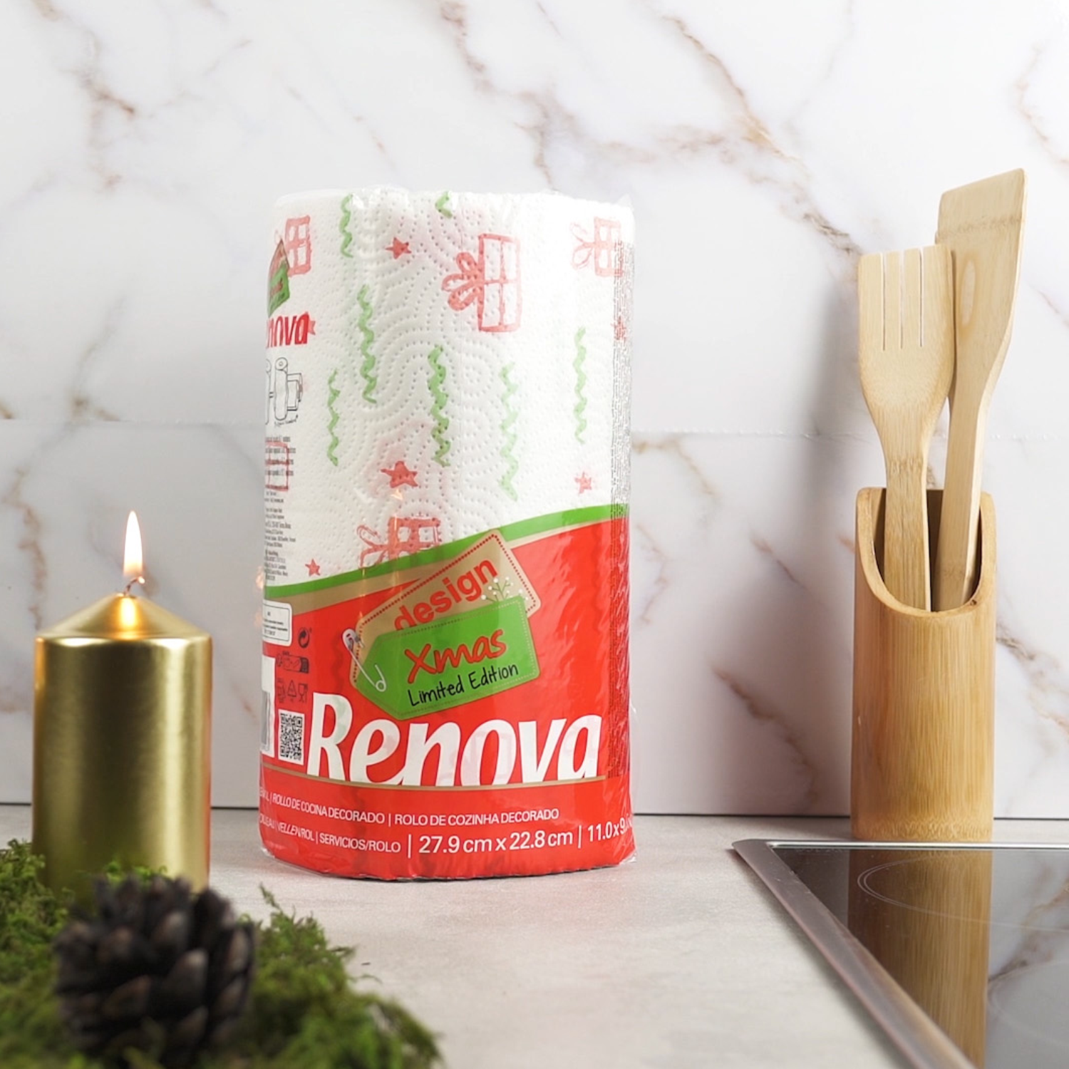 Renova Festive Christmas Kitchen Roll 1 Roll Per Pack XXL Durable Holiday Paper Towels Decorative Designs 120 Sheets