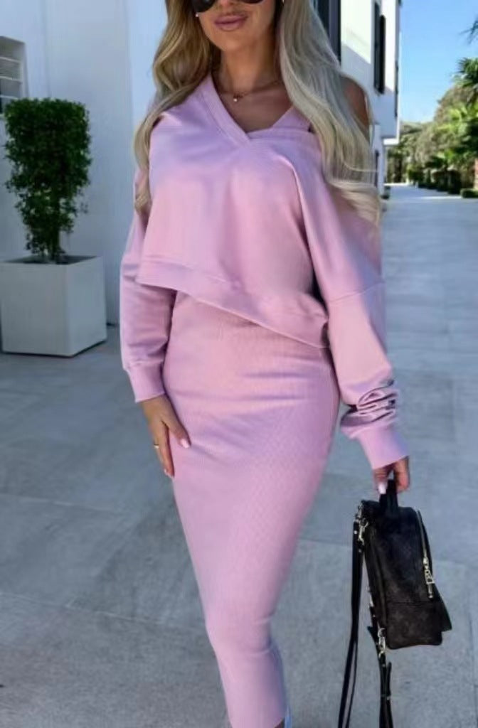 Women's Two Piece Dress Suit Fashion Long-sleeved V-neck Pullover Sweatshirt And Sleeveless Dresses Set