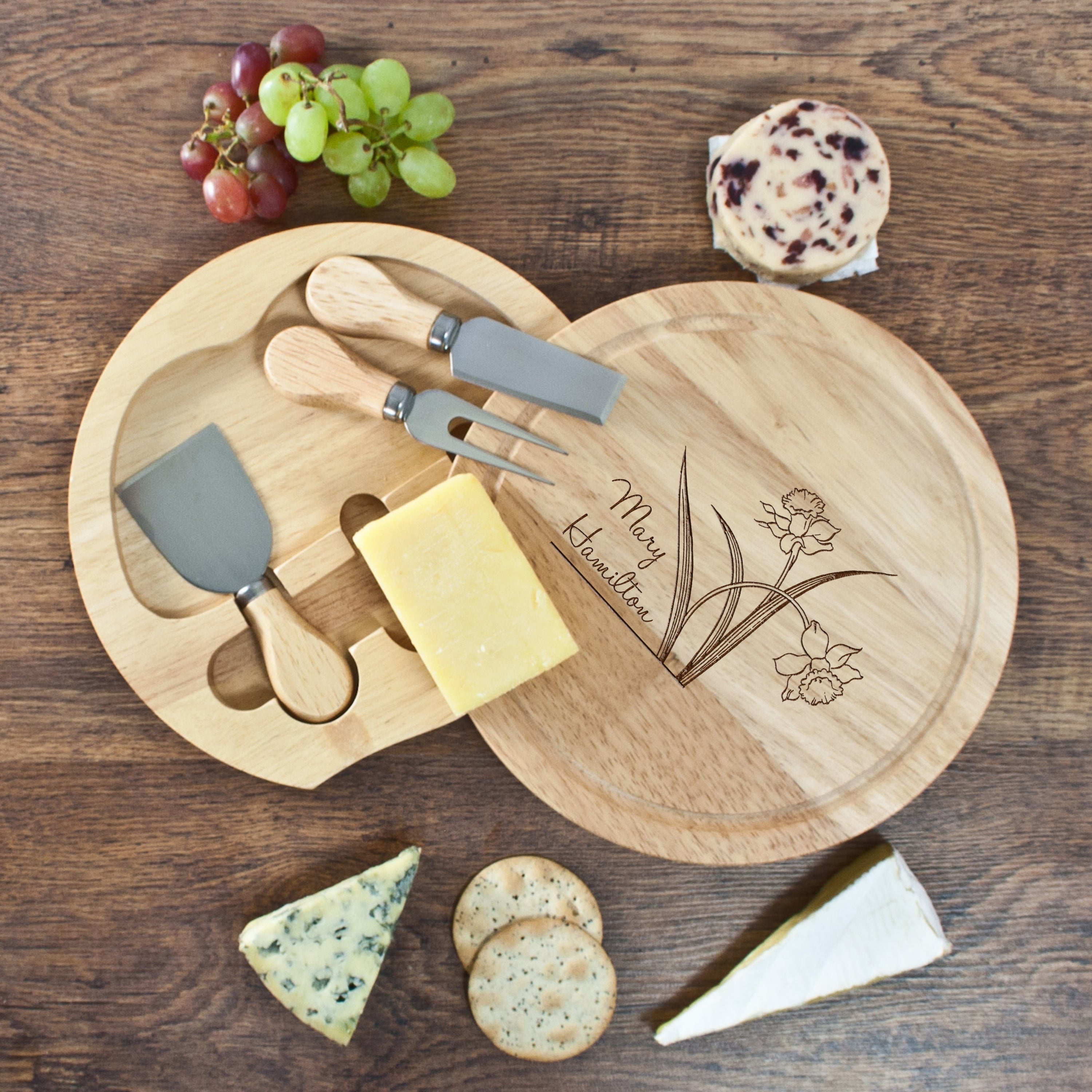 Personalised Daffodil Round Cheese Board Set