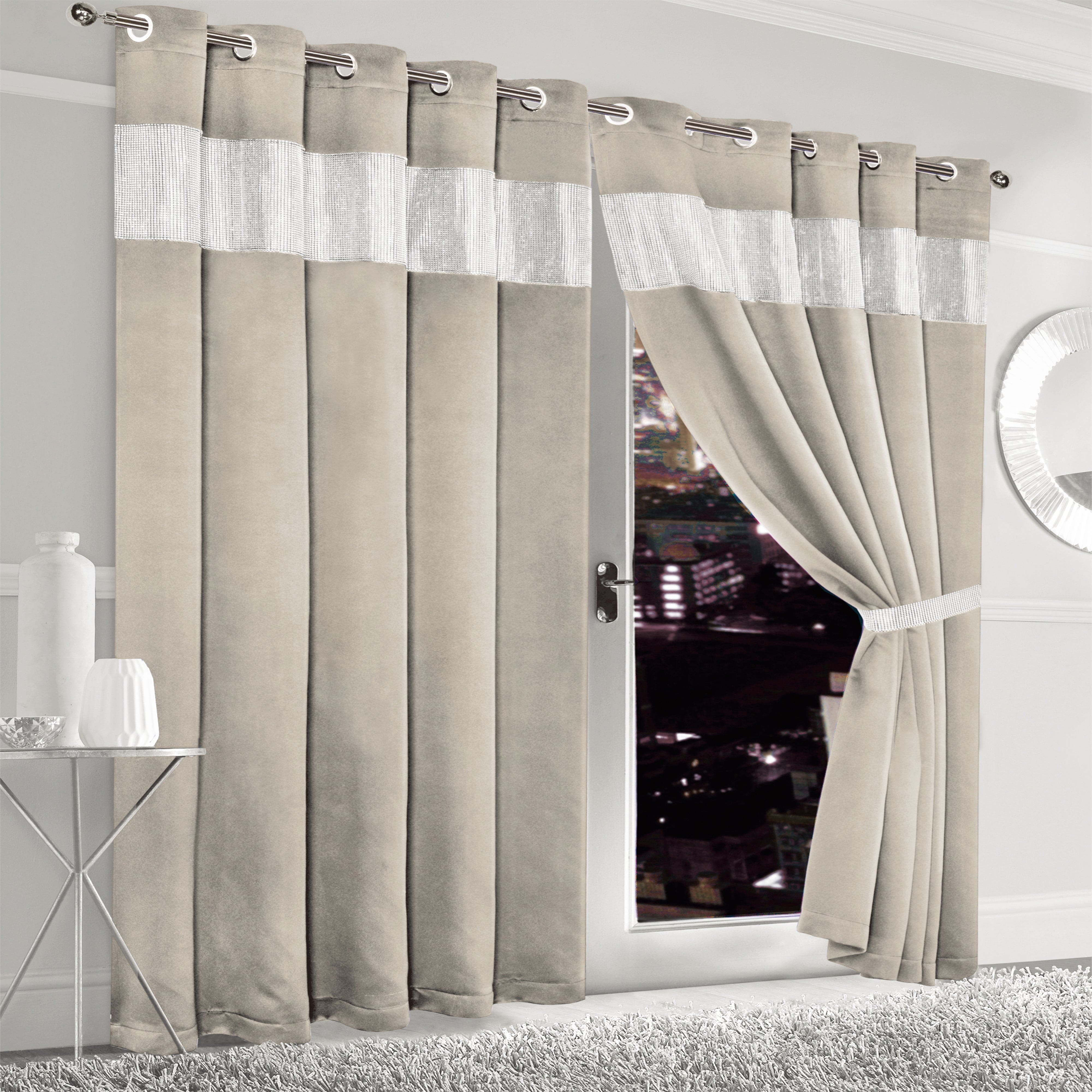 OLIVIA ROCCO Diamante Natural Blackout Eyelet Curtains With Tie Backs Thermal Ring Top Window Dressings For Living Room And Bedroom