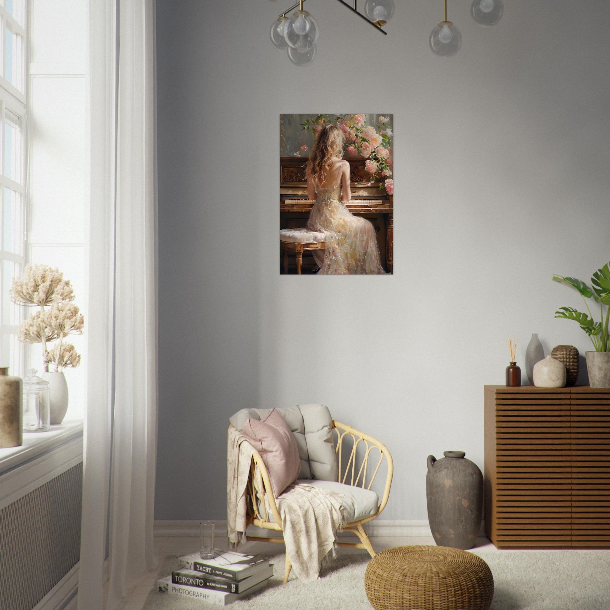 Romantic Piano Poster – Vintage Art Print of Woman with Flowers