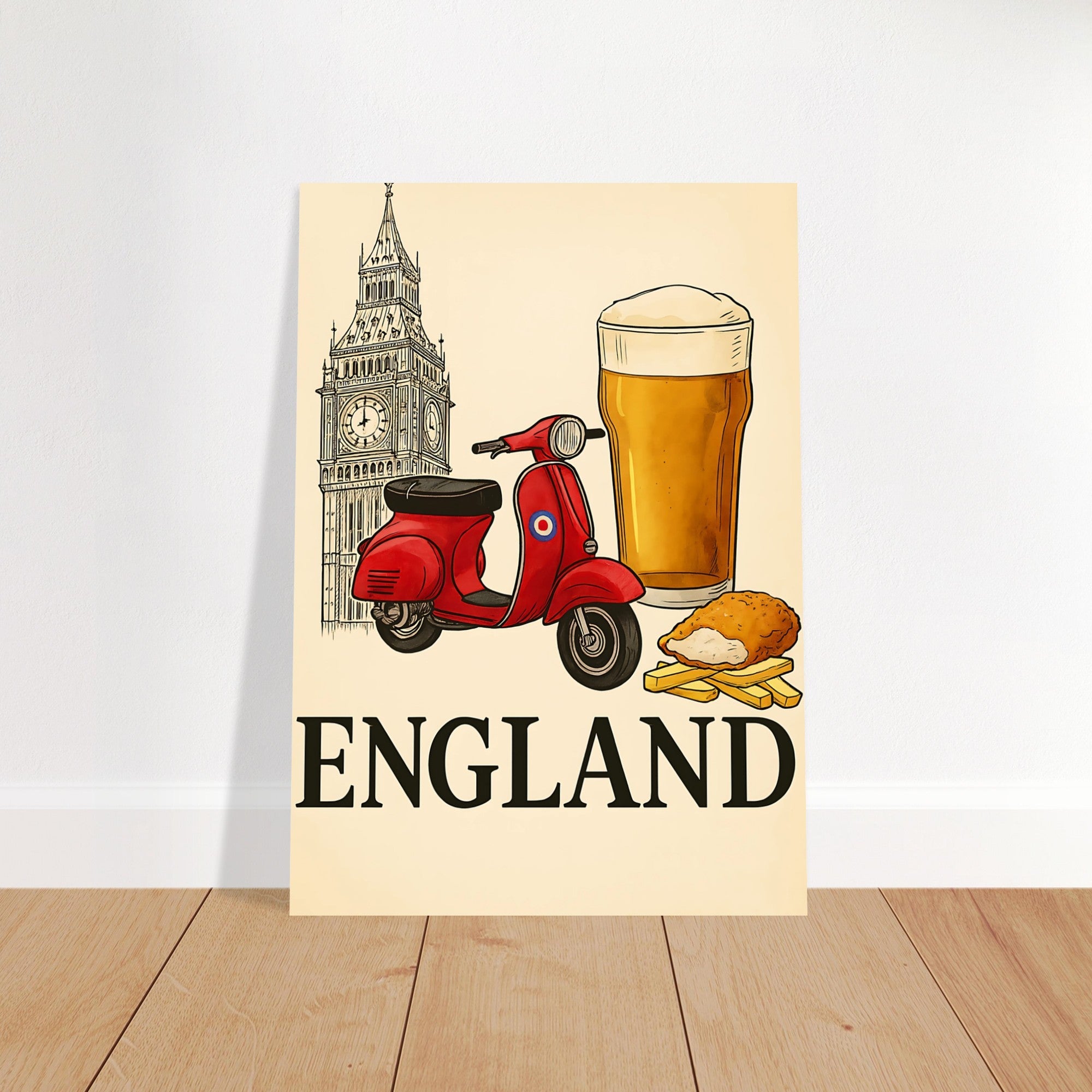 Classic England Poster - Vespa, Big Ben & Beer - British Retro Decor