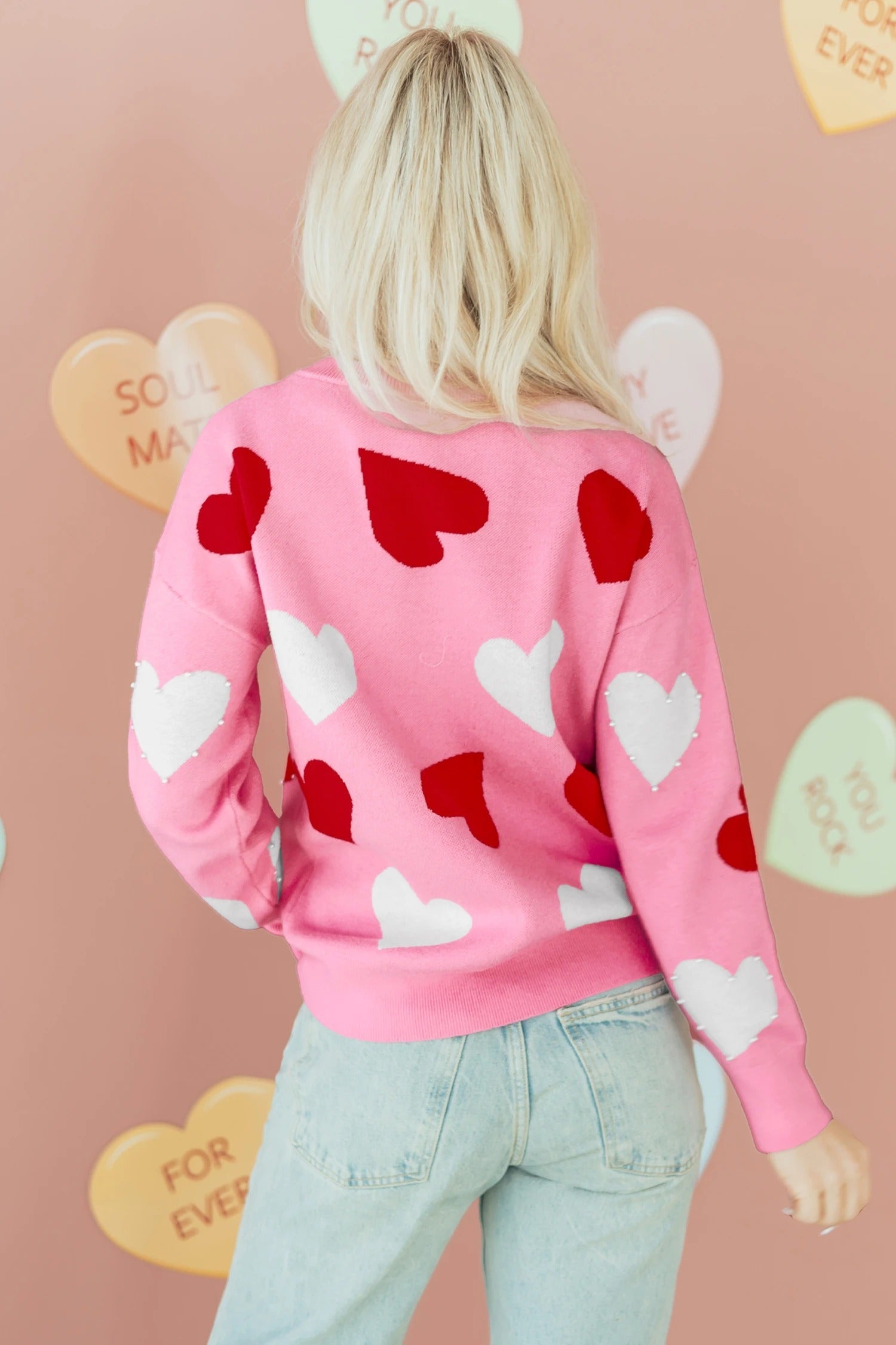 Women's Fashionable And Versatile Heart-Print Crew-Neck Knitted Top