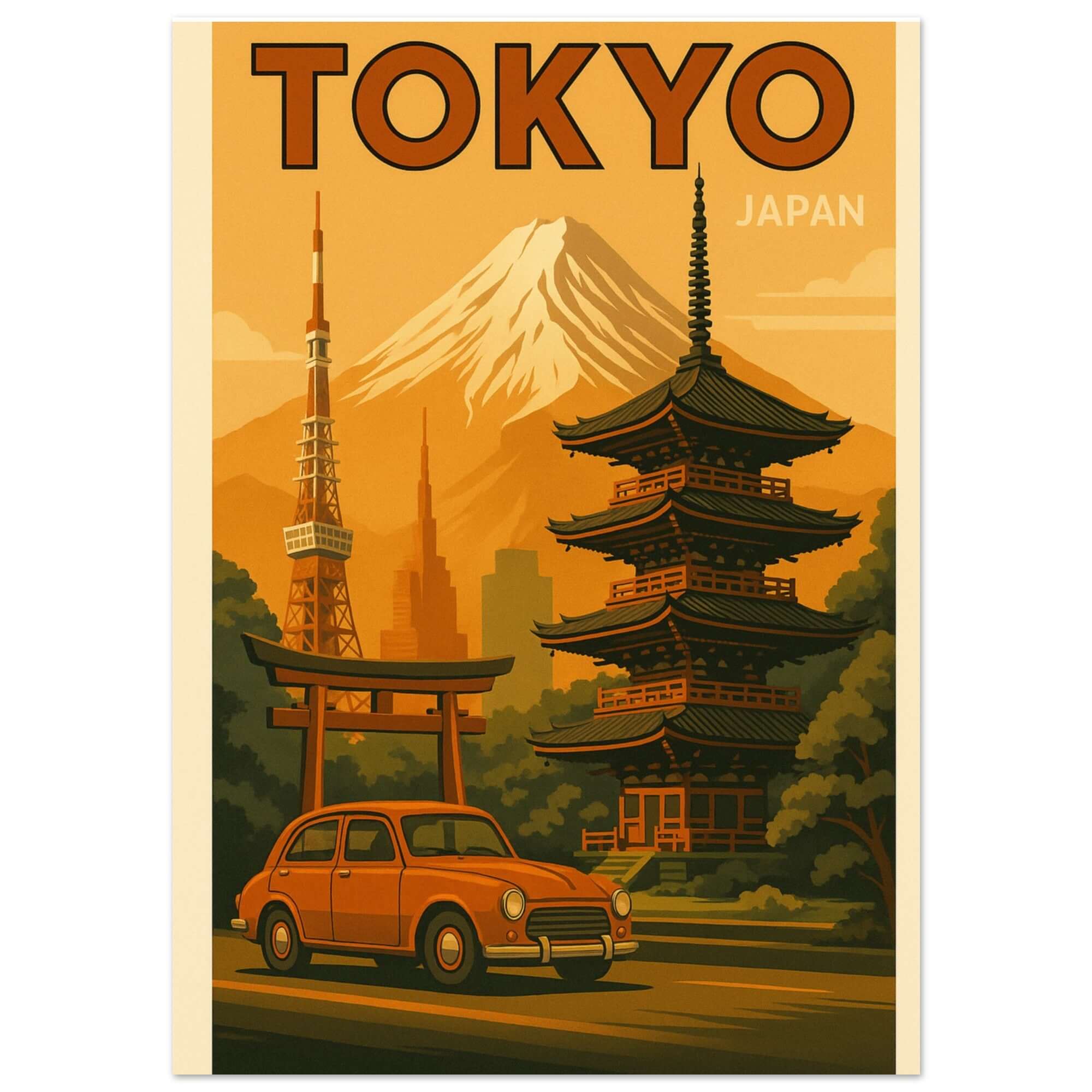 Vintage Tokyo Travel Poster – Retro Japan Wall Art with Mount Fuji