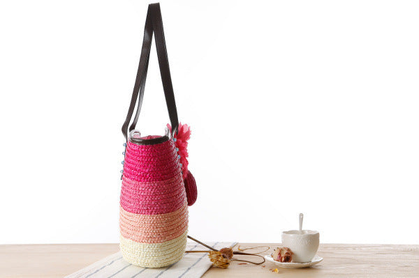 Korean Straw Plaited Son And Mother Beach Shoulder Bag