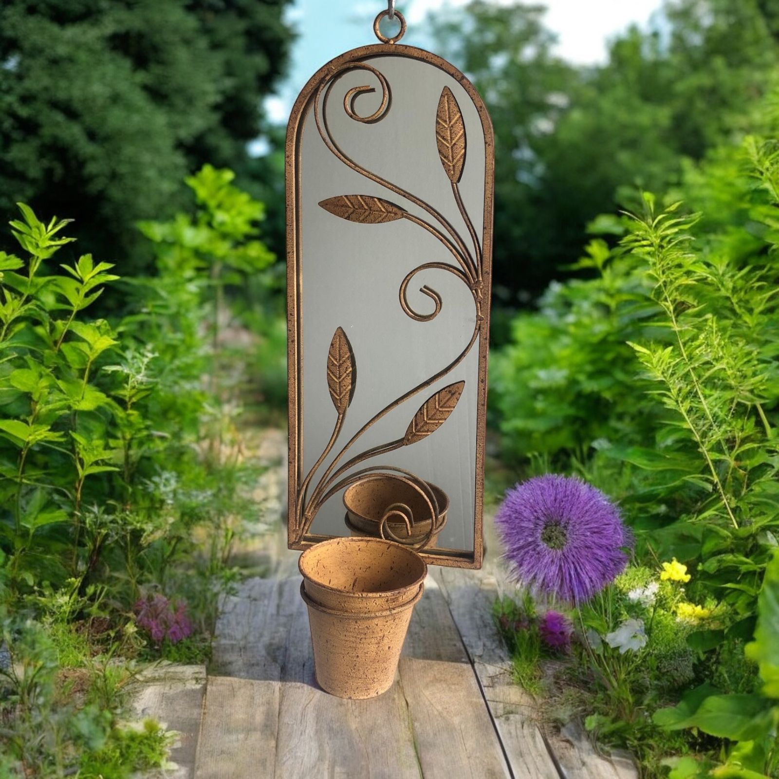 56CM RUSTY WALL MIRROR WITH PLANTER