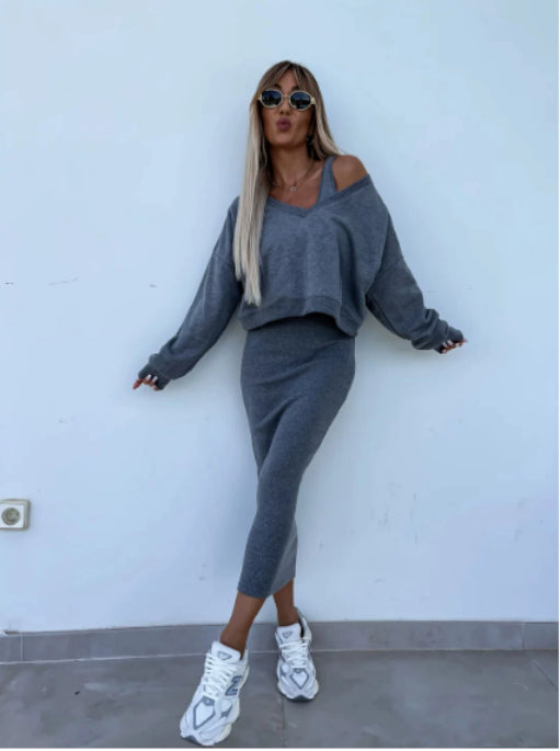 Women's Two Piece Dress Suit Fashion Long-sleeved V-neck Pullover Sweatshirt And Sleeveless Dresses Set