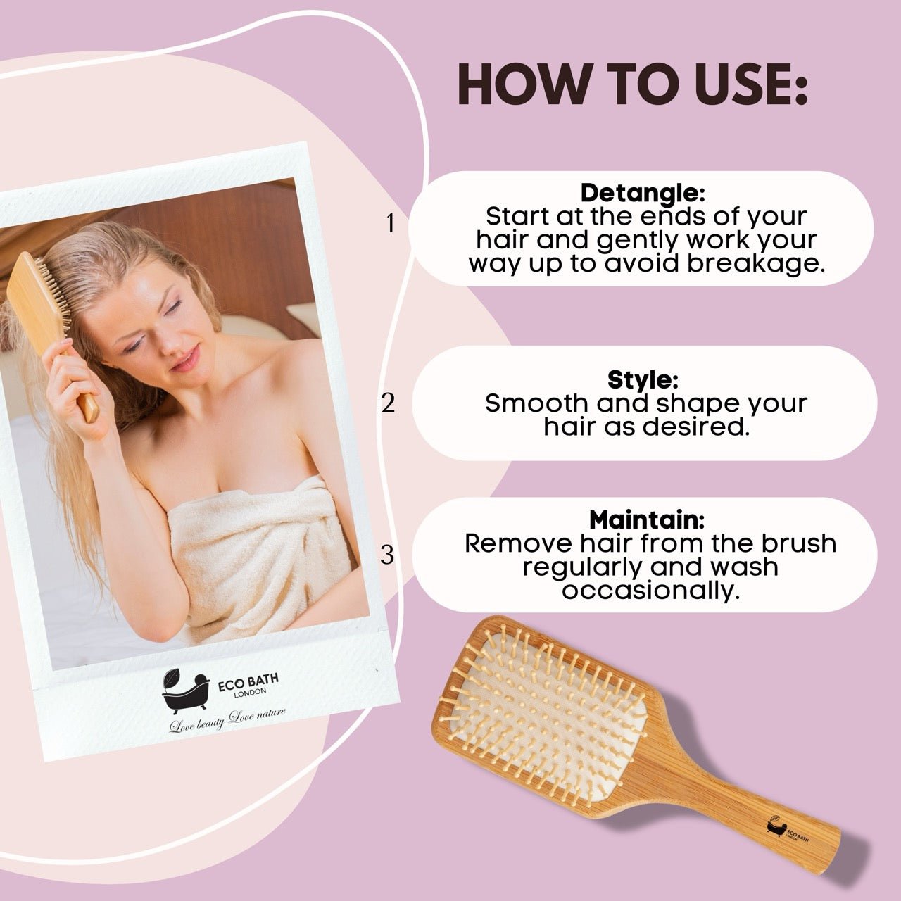 Eco Bath London Bamboo Hairbrush with Wooden Pins - Eco-Friendly Paddle Detangler for Long, Thick, and Curly Hair