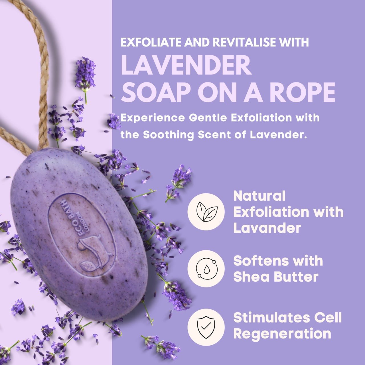 Eco Bath London Lavender Soap on a Rope 220g - Luxurious and Eco Friendly Relaxing Body Wash Bar with Shea Butter