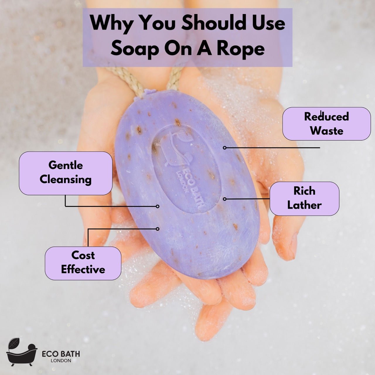 Eco Bath London Lavender Soap on a Rope 220g - Luxurious and Eco Friendly Relaxing Body Wash Bar with Shea Butter